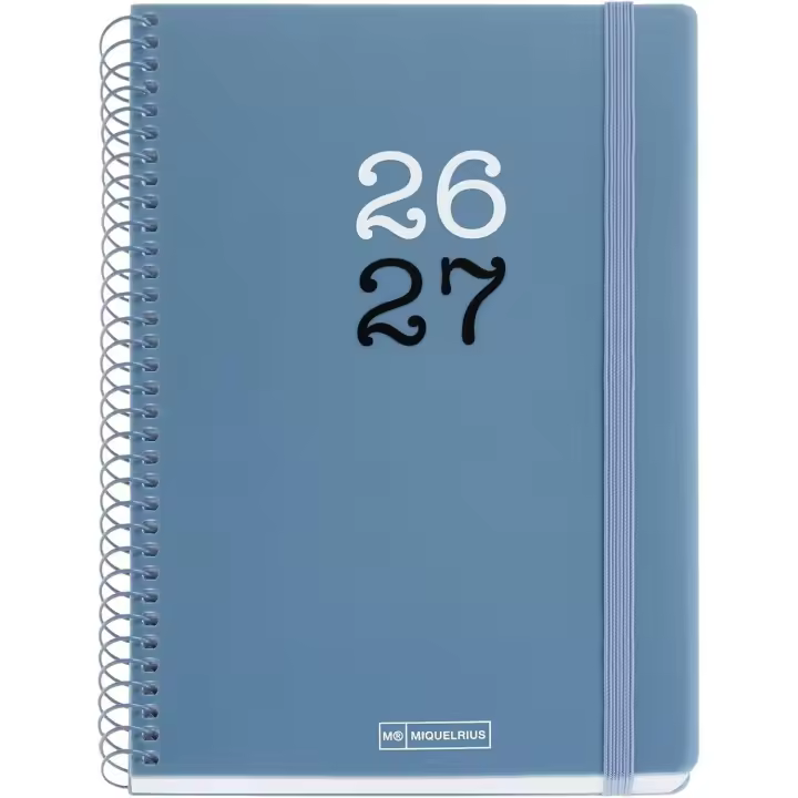 Miquelrius MR21081 Agenda escolar 2026 2027 día página 12 meses, Tamaño A5+ (15×21,3 cm), Tapas de polipropileno, Espiral metálico a color, Cierre de goma, Cantos redondeados, Stickers, Español-EN, Azul - 1