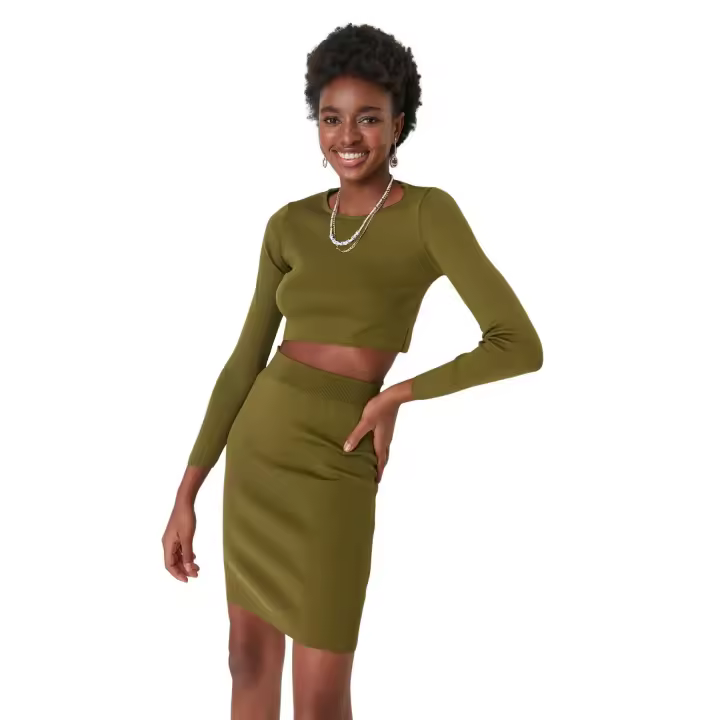 Trendyol Khaki Slit Detailed Super Crop Knitwear Top-Bottom Set - 1