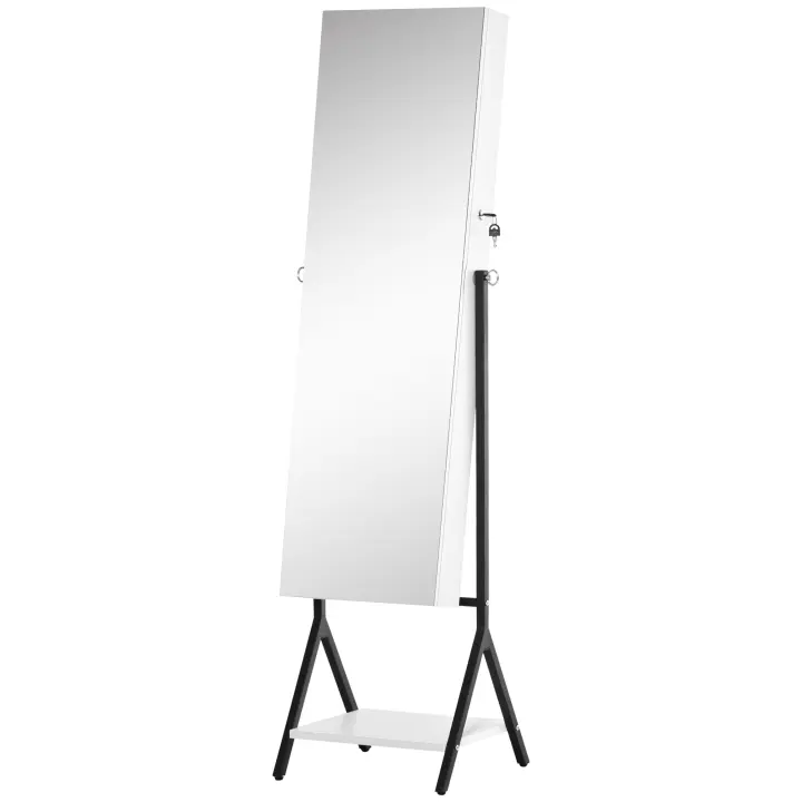 HOMCOM Espejo Joyero de Pie Cuerpo Entero Ajustable en Ángulo Armario de Joyería con Estante Inferior Cerradura Magnética Ranuras y Cajas para Joyas 47x36x157 cm Blanco y Negro - 1