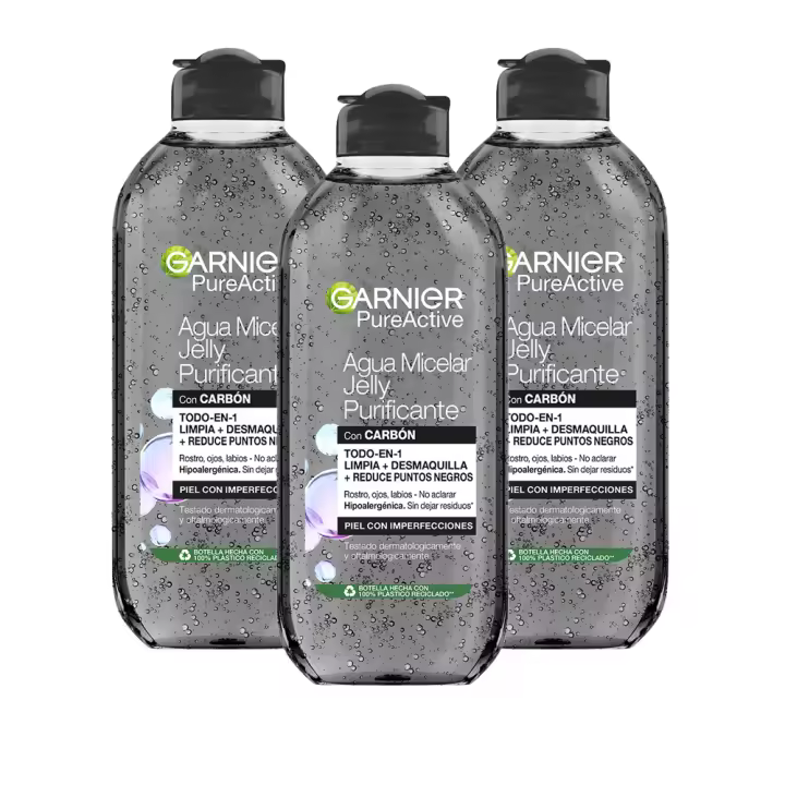 Garnier Pure Active Agua Micelar en Gel Purificante Jelly Water con Carbón y Ácido Salicílico. Reduce en un 44% las imperfecciones y en un 29% los puntos negros. *Resultados clínicamente probados y visibles en 1 semana - 3x400 ML - 1