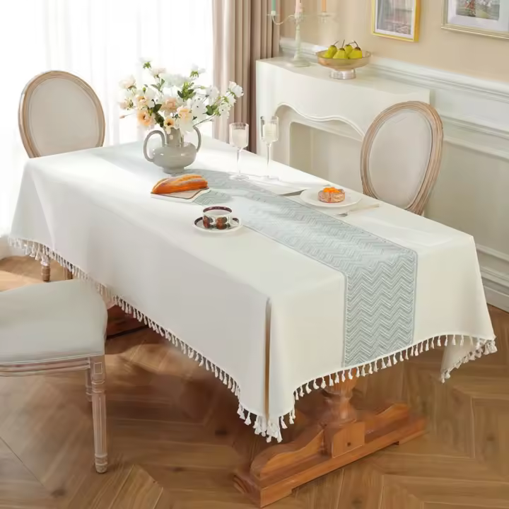 Mantel rectangular impermeable para el hogar, mantel de tela para mesa de centro con borlas, blanco, 140x200cm - 1