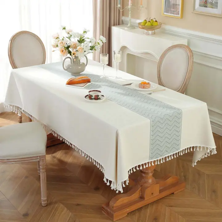 Mantel rectangular impermeable para el hogar, mantel de tela para mesa de centro con borlas, blanco, 140x200cm - 1