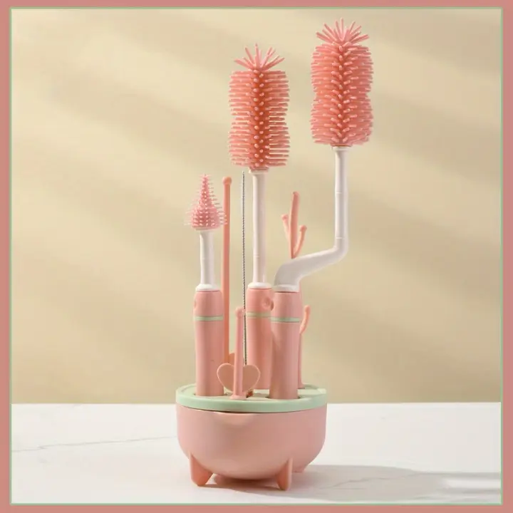 Juego De Limpieza Para Botella De Bebé Portátil 6 En 1 Con Soporte De Secado 2 Cepillos De Silicona Cepillo De Concha Y Caja De Almacenamiento - 1