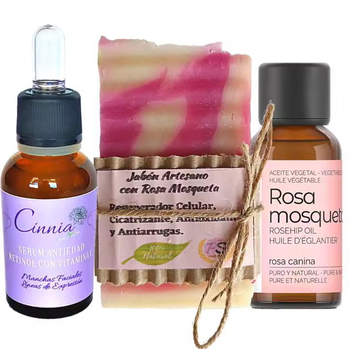 Pack Ahorro Aceite de Rosa Mosqueta + Serum Retinol + Jabón Artesano de Rosa Mosqueta. PumarShop Cinnia Natura. - 1