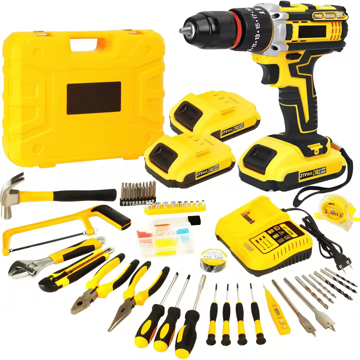 Taladro Atornillador Inalámbrico 21V Profesional - Kit Completo con 120 Accesorios, Portabrocas Metálico 3/8", 25+3 Velocidades, Función Impacto, 2x Baterías 2.0Ah y Cargador Rápido - Par Máximo 45Nm para Bricolaje/Coches/Hogar - 1