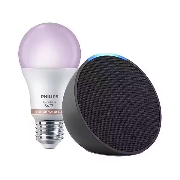 Echo Pop Amazon, Altavoz inteligente wifi y Bluetooth con Alexa, de sonido potente y compacto, Antracita, Blanco bombilla philips - 1