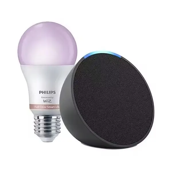 Echo Pop Amazon, Altavoz inteligente wifi y Bluetooth con Alexa, de sonido potente y compacto, Antracita, Blanco bombilla philips - 1