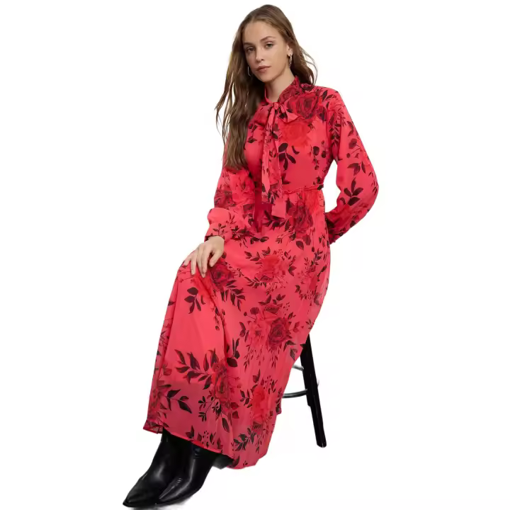Trendyol Fuchsia Floral Patterned Lined Pleated Chiffon Woven Dress Tctaw25Eb00124 - 1