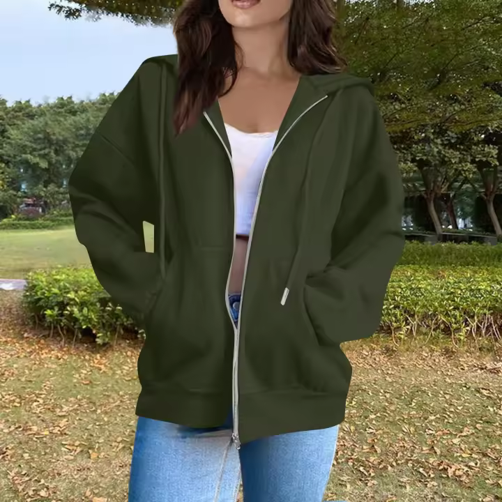 Sudadera De Mujer Con Capucha Abrigo Casual De Color Sólido Otoño E Invierno Con Bolsillos Y Cierre De Cremallera Largo Manga Para Calle - 1