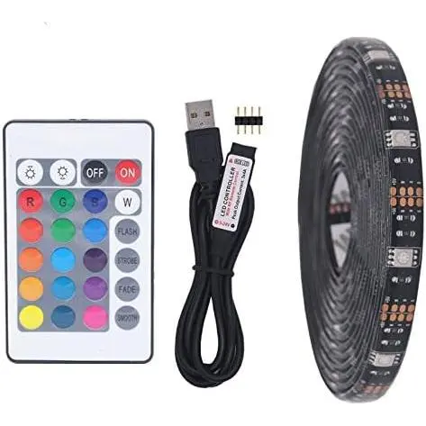 Tira de luces LED RGB USB, 5 m, 30 ledes/m, color negro, 5 V, 5050 RGB, con control remoto de 24 teclas para iluminación de fondo de TV, iluminación LED decorativa para cocina (no impermeable) - 1