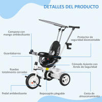 HOMCOM Triciclo para Bebés 6 en 1 Triciclo Evolutivo para Niños de +12 Meses con Toldo Plegable Mango de Empuje Telescópico y Desmontable Asiento Ajustable Cesto y Portabotellas Blanco - details 3