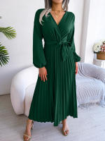 Vestido Largo Elegante Para Mujer Con Cuello En V Manga Larga Pleated Maxi Con Cinturón Estilo Casual De Pierna Larga - details 13