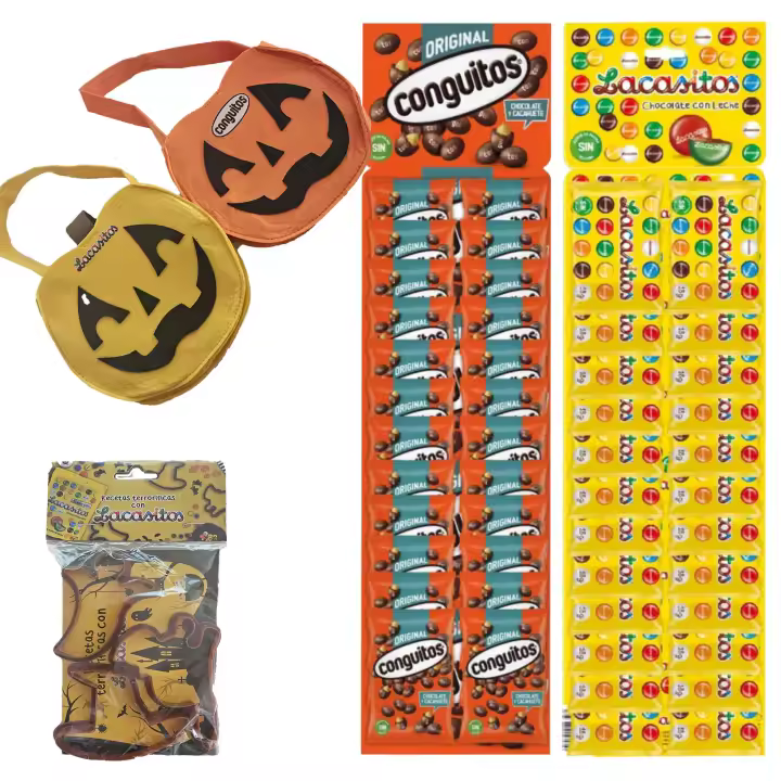 Pack Halloween:conguitos negro panoplia 24x18g,lacasitos bolsitas 18g,molde y bolsa calabaza lacasitos y conguitos - 1