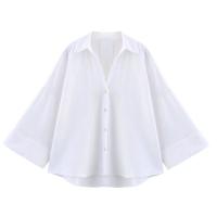 Camisa Asimétrica de Verano para Mujer – Estampado a Rayas, Mezcla de Lino, Mangas Anchas Rizadas, Cuello Versátil, Estilo Informal y Fresco - details 5