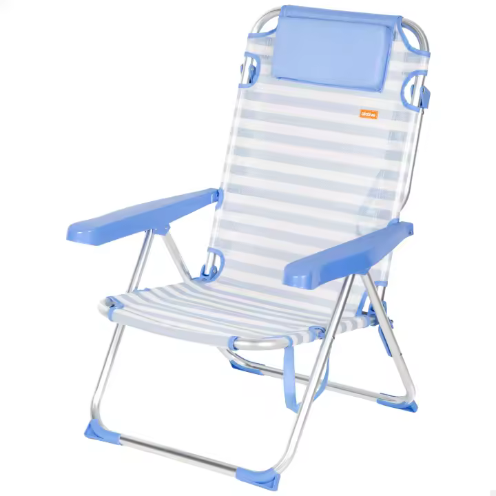 Aktive - Silla playa plegable, 48x60x90 cm, respaldo reclinable 5 posiciones, soporta un peso máximo de 110 kg, topes antivuelco, estructura aluminio, tejido textileno, incluye cojín acolchado, tumbona exterior - 1