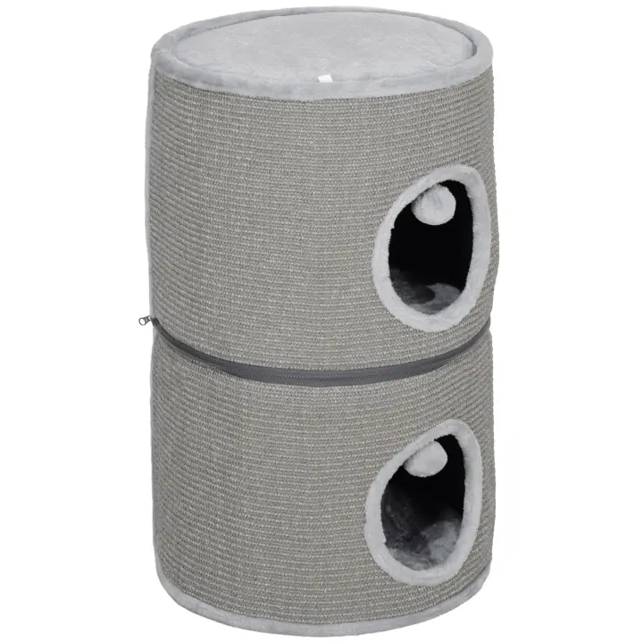 Pawhut Torre modular para gatos, barril rascador con cremallera, 3 niveles separables, dos bolas, cueva y escondite para gatos, altura 69 cm, gris - 1