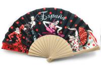 Abanico Plegable con Funda. Tela Estampada sobre Madera. Dibujos de la Cultura española (Bailaoras de Flamenco Fondo Negro). Funda de Lona de Alta Calidad y Fabricada en España - details 1