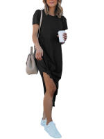 Vestido Corto Negro De Moda Con Diseño De Abertura Lateral Casual Y Versátil Vestido De Polyester Con Estiramiento Medio - details 3