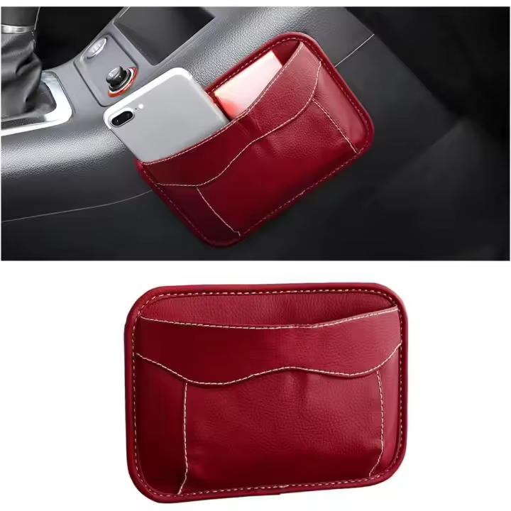 Organizador de bolsillo lateral para asiento de coche, mini bolsa de cuero sintético para consula de puerta y ventana, bandeja para rellene El Hueco del asiento del vehículo, ideal para organizar (Rojo) - 1