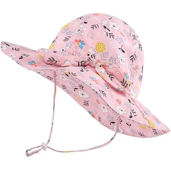 Sombrero de Playa de Algodón para niños, Con visera Ancha y Correa ajustable para la Barbilla, Rose - 1