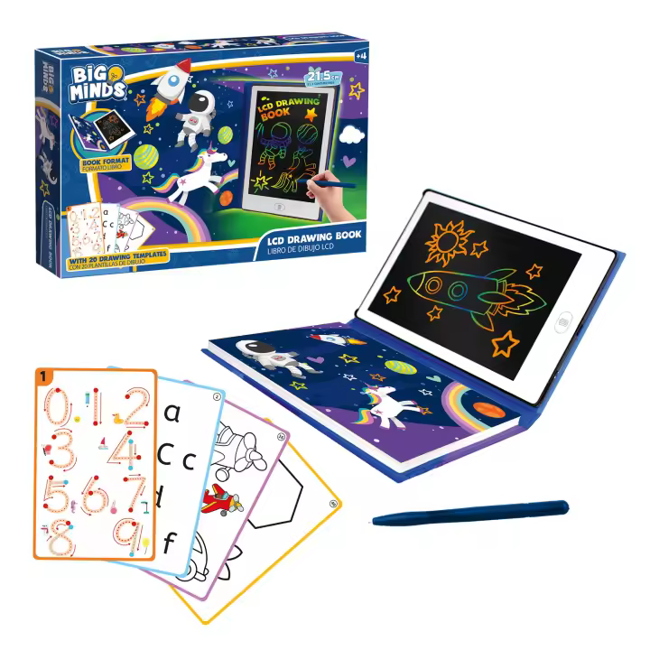 Big Minds - Pizarra Magica Infantil Lcd | Tableta Escritura Niños Formato Libro | Pizarra Magnetica Infantil 20 Plantillas Reversibles | Tablet Niños +4 Años | Pizarra Rotulador Borrable Portátil - 1