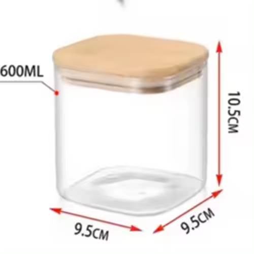Set de 4 Tarros de Vidrio Cuadrado con Tapa de Bambú, Borosilicato Transparente, Resistentes y Herméticos, Tarros de almacenamiento de cristal claro y seguro, ideal para alimentos. Alta calidad y durabilidad. Disponible en 600ML, 1000ML, 1200ML, 1400ML - 1