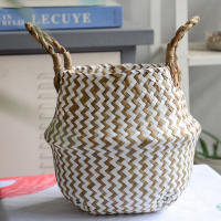 Bolsa De Almacenamiento Bohemia De Paja Con Estampado Rayado Y Florales Hecha a Mano Plegable Para Ropa Jardín Maceta - details 14