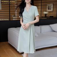 Vestido Midi Elegante De Verano Para Mujer ZANZEA Con Cuello V Y Manga Corta Vestido De Fiesta Trabajo OL Vestido De Seda Pleated - details 7