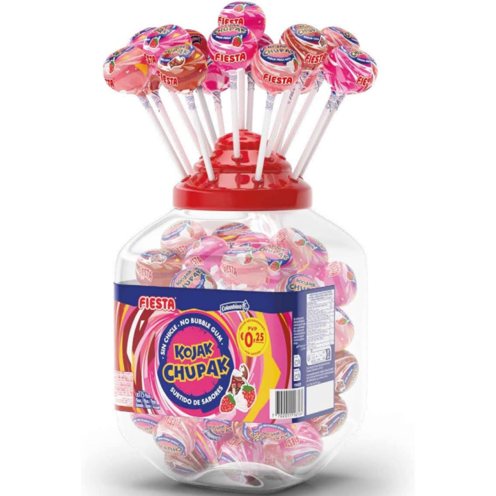 CHUPA Kojak FIESTA Sin Chicle Surtidos Sabor Cola, Fresa y Fresa con Nata, 115 Unidades, Sin Gluten, Colorantes Naturales – Marca Colombina