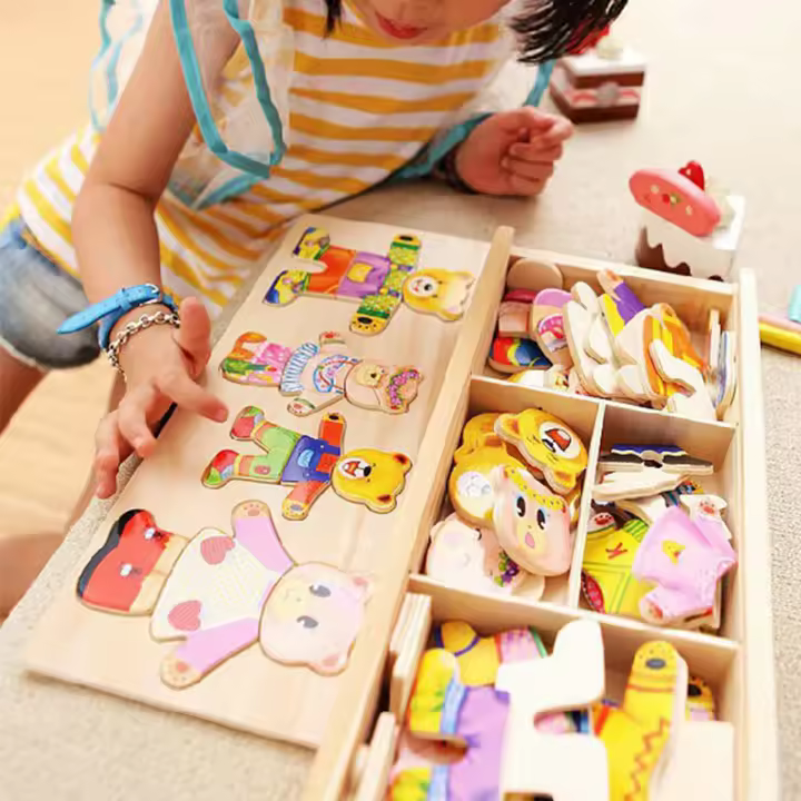 Rompecabezas De Madera Educativo Para Niños Con Tema De Elefante Y Oso Cambiando Ropa Juego De Vestir Juguetes Para Bebés Regalo - 1
