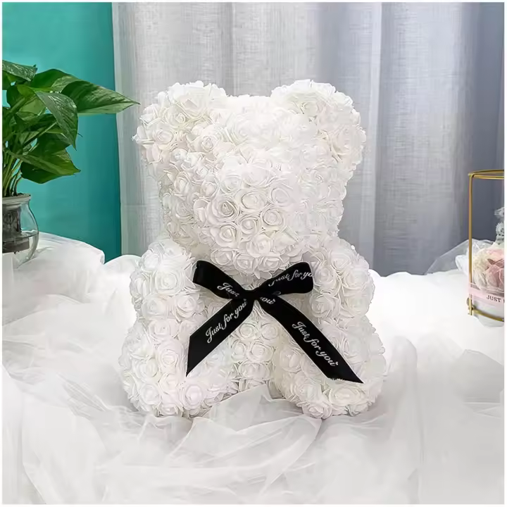 Handmade Rose Flower Teddy Bear - Valentines Day Gifts for Her,10 inch Artificial Rose Flower Bear,for Valentines Day, Wedding, Mothers Day and Anniversary, Including Transparent Gift Box(Cream) - 1