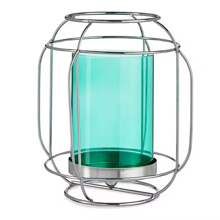 Portavelas Plateado Azul Farol Metal Vidrio (19 x 20 x 19 cm) - 1
