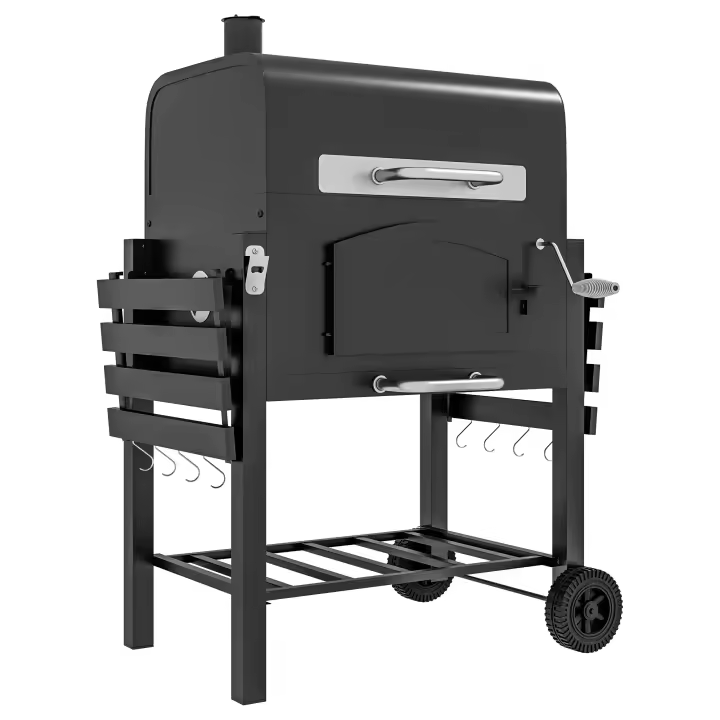 Outsunny Parrilla de Carbón Barbacoa Parrilla de Jardín con Tapa y Estantes Parrilla de Camping con Ahumador Plato Calefactor Estantes Ruedas de Transporte para Fiestas en el Jardín Metal Negro 124 x 66 x 112 cm - 1