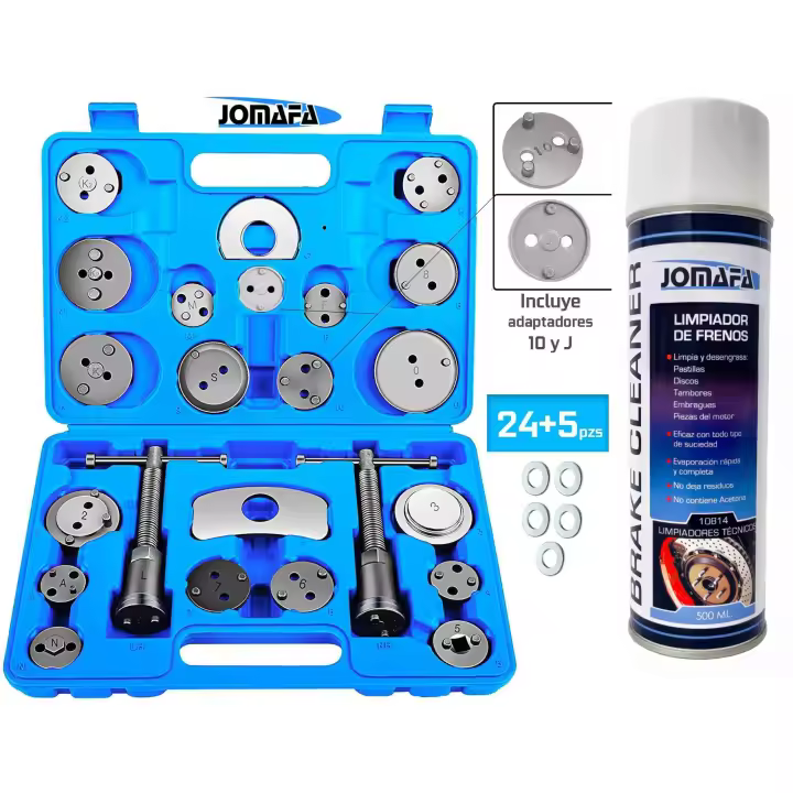 JOMAFA - Kit Reposicionador de pistones de frenos 24+5 piezas + limpiador frenos embragues, 500ml - JMK10003 - 1