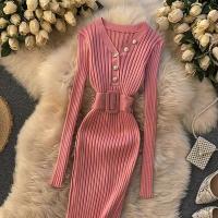 Vestido Bodycon Elegante De Mujer REALEFT Otoño Invierno 2024 Con Cinturón Y Botones De Manga Larga Estilo Casual Longitud Pierna - details 19