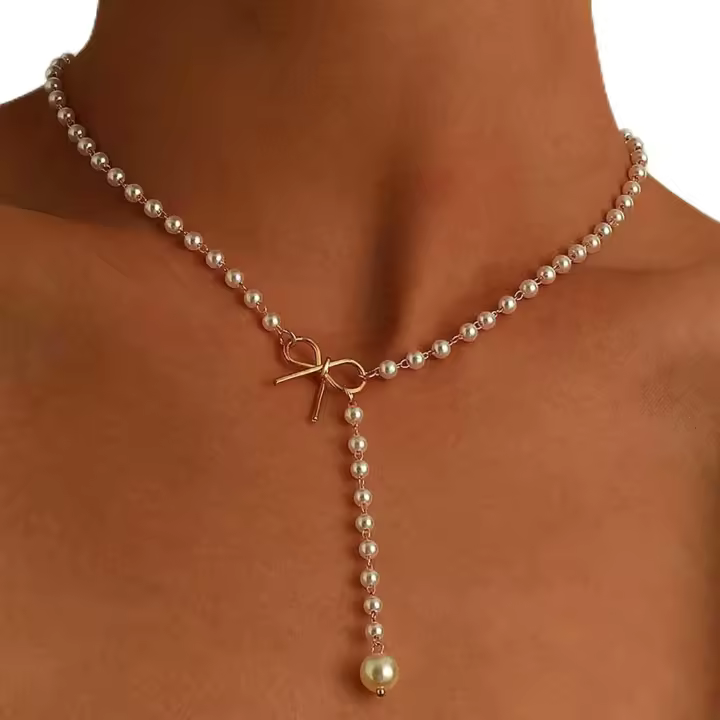 Collar de Perlas Boho Collar de Perlas Y Lariat Collar de gargrantilla de Perlas pequeños Collares colgantes de Perlas Collar de Lazo Dorado Joyas para Mujeres Niños y Novias Boda - 1