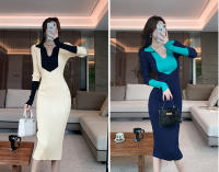 Vestido Elegante De Lana Con Bloque De Colores Y Encaje H Han Queen Para Oficina Y Fiesta Vestido Largo De Manga Larga Para Mujer Moda Otoño - details 0