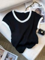 Nueva Chaleco De Cuello Redondo Para Mujer Verano 2024 Estilo Casual Manga Corta Tejido Delgado Ajustado Spliced Polyester - details 0