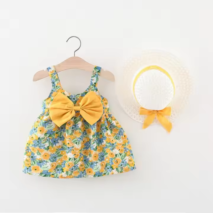 Conjunto De 2 Piezas Ropa Infantil Para Niñas Vestido De Verano Estilo Coreano Con Tirantes Flores Y Falda Playa Sombrero Del Mismo Estilo - 1