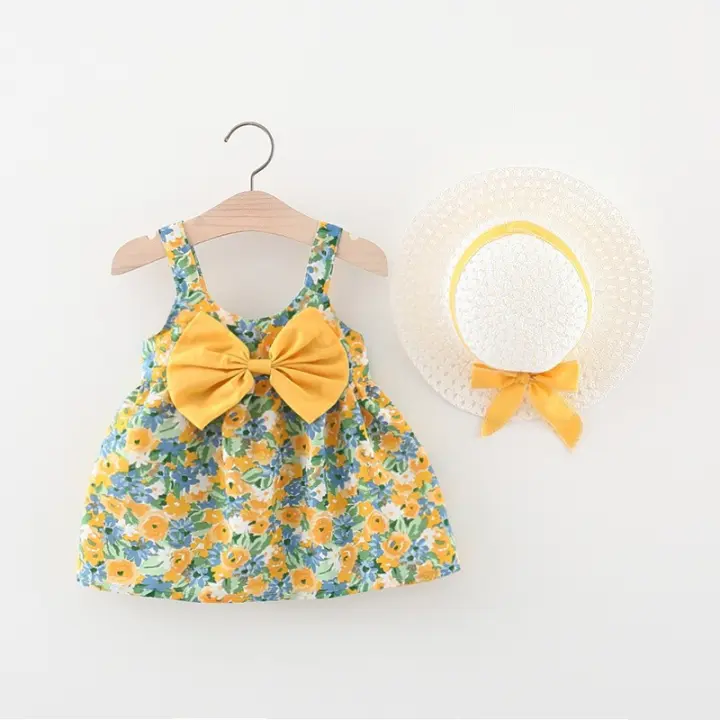 Conjunto De 2 Piezas Ropa Infantil Para Niñas Vestido De Verano Estilo Coreano Con Tirantes Flores Y Falda Playa Sombrero Del Mismo Estilo - 1