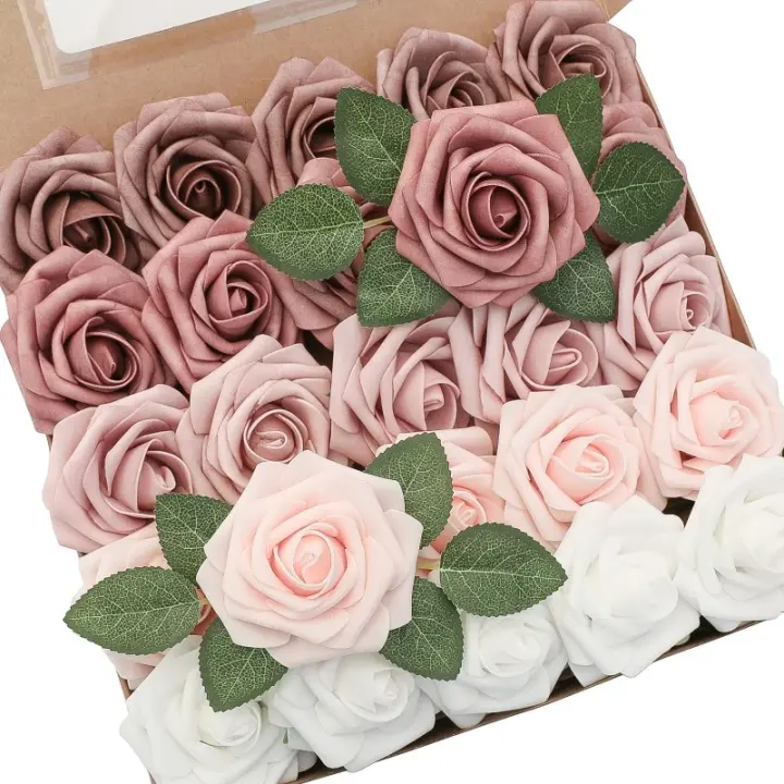 25pcs Flores Artificiales Rosas Ombre En Polvo Para Boda Decoración De Casa Falsas Rosas Con Ramas Para DIY Wedding Bouquets Bridal Shower - 1