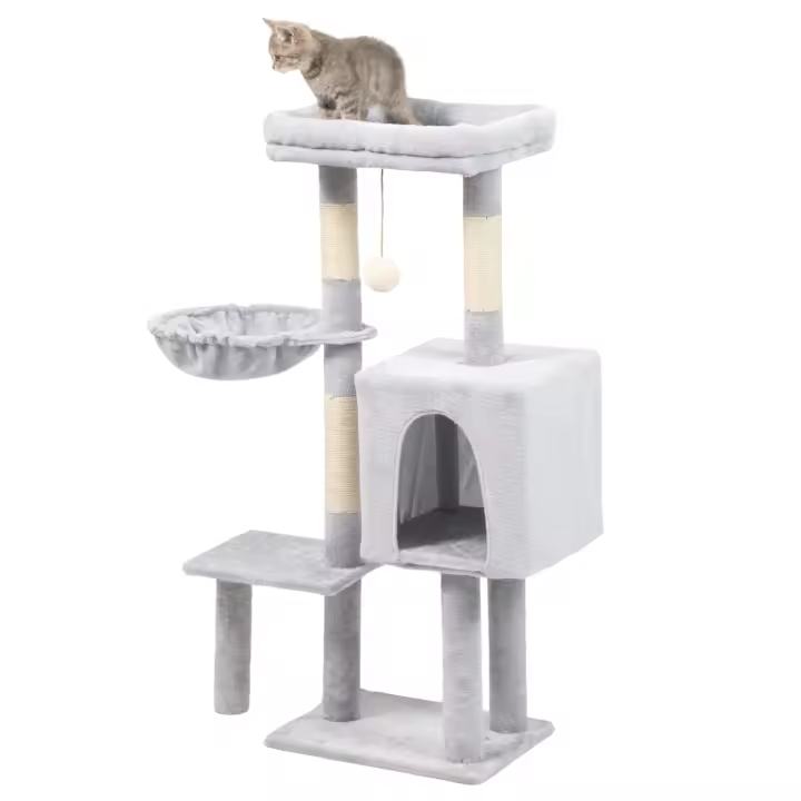 Árbol Rascador para Gatos, Torre de Juegos con Casa y Plataformas, 108x40x30 cm, Gris - 1