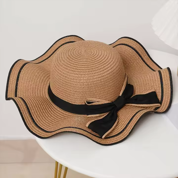 Sombrero De Paja Con Borde De Encaje Y Lazo Para Mujer Verano Resistente Al Sol Plegable Moda Y Protectora Para Vacaciones En La Playa - 1