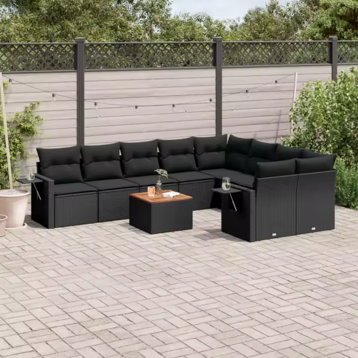 vidaXL Set de sofás de jardín 10 pzas cojines ratán sintético negro - 1