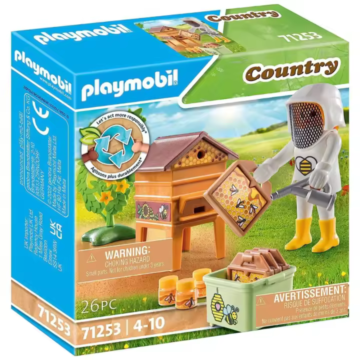 Apicultora Playmobil Country (71253) incluye 1 figura, 1 colmena, 4 panales, 1 soplador de humo, 1 caja, 3 mieles, 1 seto - 1