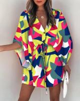 Vestido Casual De Verano Para Mujer Con Estampado Y Volante Estilo Playa Cuello En V Manga Batwing A-Line Largo Mini - details 9