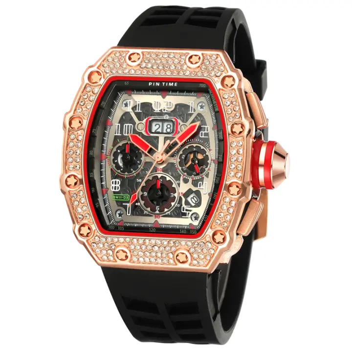 Reloj De Pulsera Masculino PINTIME Casual Fashion Con Bisel De Diamante Y Correa De Silicona Cronógrafo Resistente Al Agua Cuarzo Luminoso Tipo Tonneau Material Metálico - 1