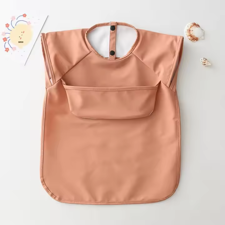 Baberos Para Bebés De Color Sólido Impermeables Con Bolsillo Para Niños Y Niñas Sin Mangas Adecuado Para Comidas Y Arte Ropa Infantil Esencial - 1