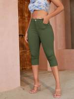 Pantalones Capri De Mujer Cintura Alta Elásticos Para Primavera Y Verano Estilo Casual Detalles De Botón Y Bolsillos Talla Fina - details 6