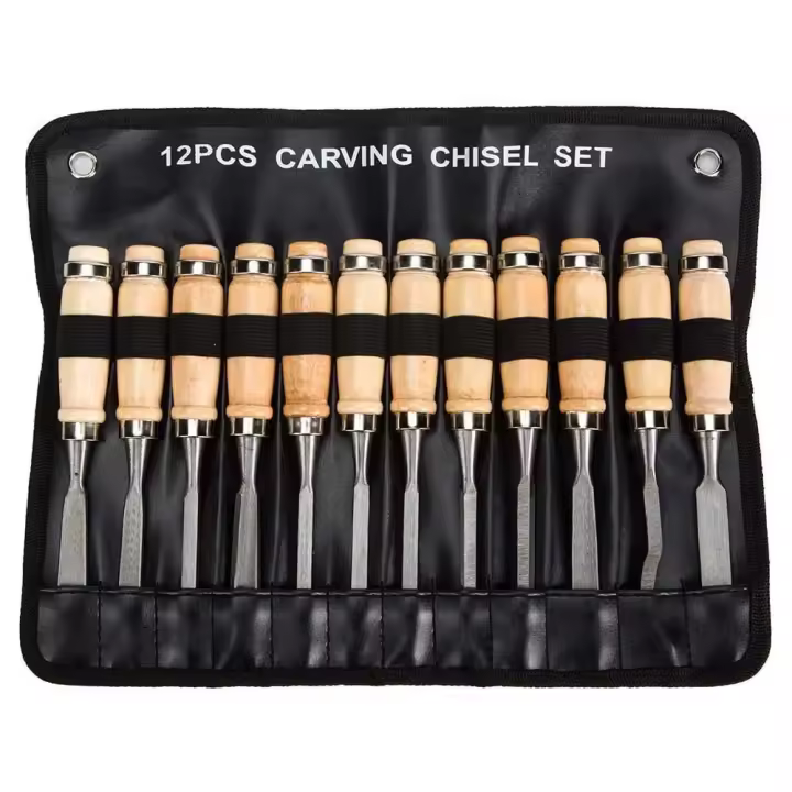Juego de cinceles profesionales para madera, juego de 12 herramientas afiladas para trabajar la madera con estuche de transporte, kit de cuchillos para tallar carpintería, ideal para principiantes en el tallado de madera - 1